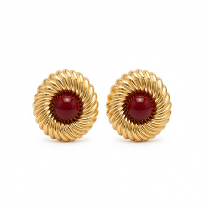 Red Resin & Goldtone Floral Round Stud Earrings