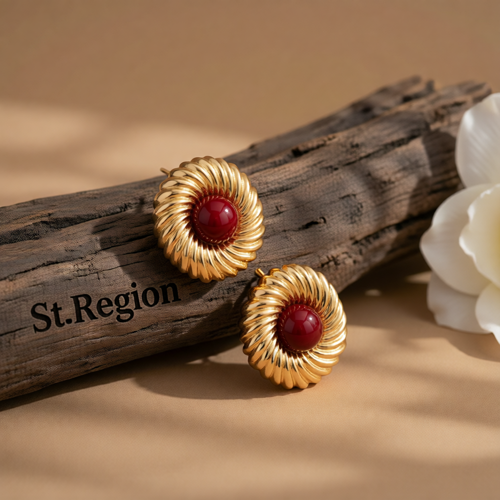 Red Resin & Goldtone Floral Round Stud Earrings