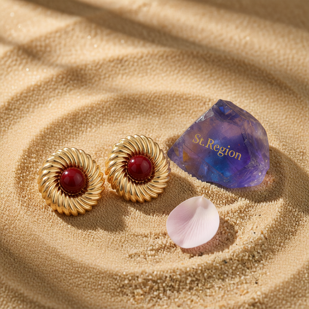 Red Resin & Goldtone Floral Round Stud Earrings