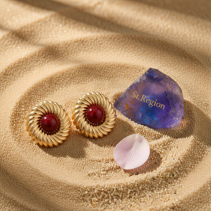 Red Resin & Goldtone Floral Round Stud Earrings