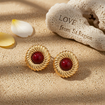 Red Resin & Goldtone Floral Round Stud Earrings