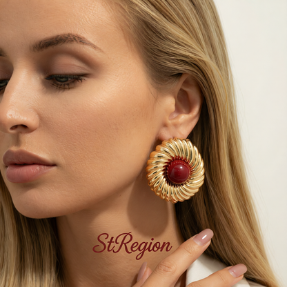 Red Resin & Goldtone Floral Round Stud Earrings