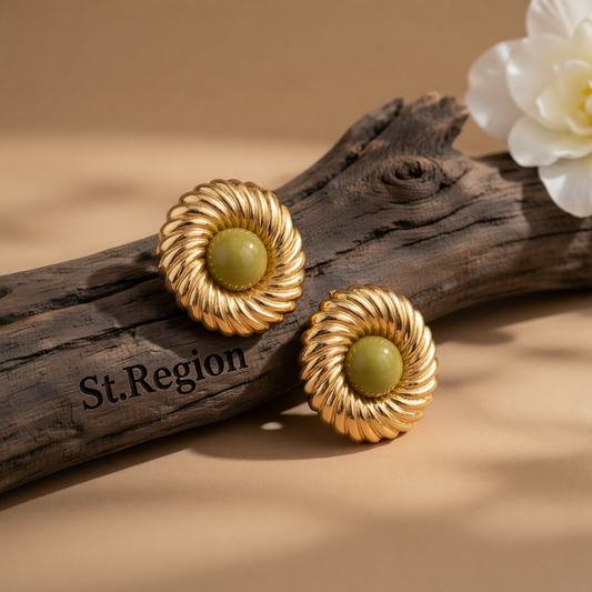 Green Resin & Goldtone Floral Round Stud Earrings