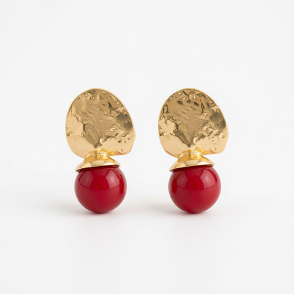 Red Resin & Goldtone Round Dangle Earrings
