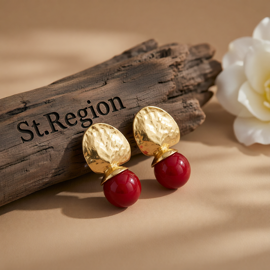 Red Resin & Goldtone Round Dangle Earrings