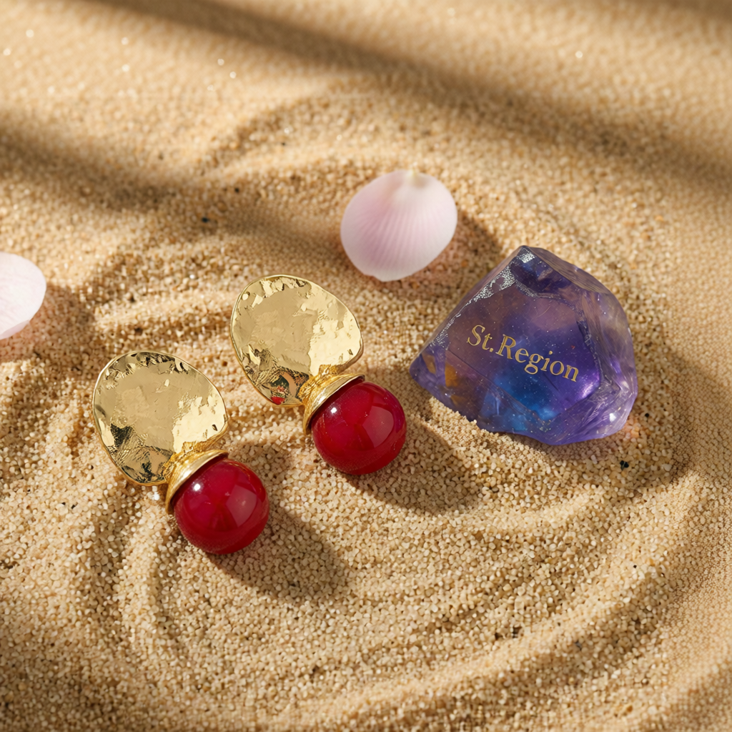 Red Resin & Goldtone Round Dangle Earrings