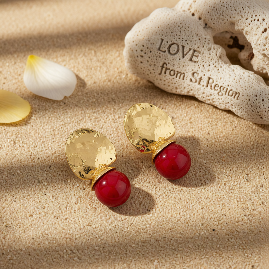 Red Resin & Goldtone Round Dangle Earrings