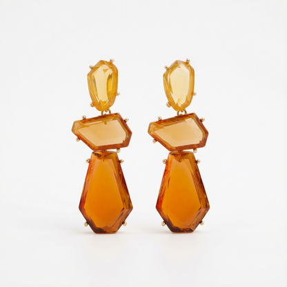 Orange Crystal & Goldtone Tiered Geometric Dangle Earrings