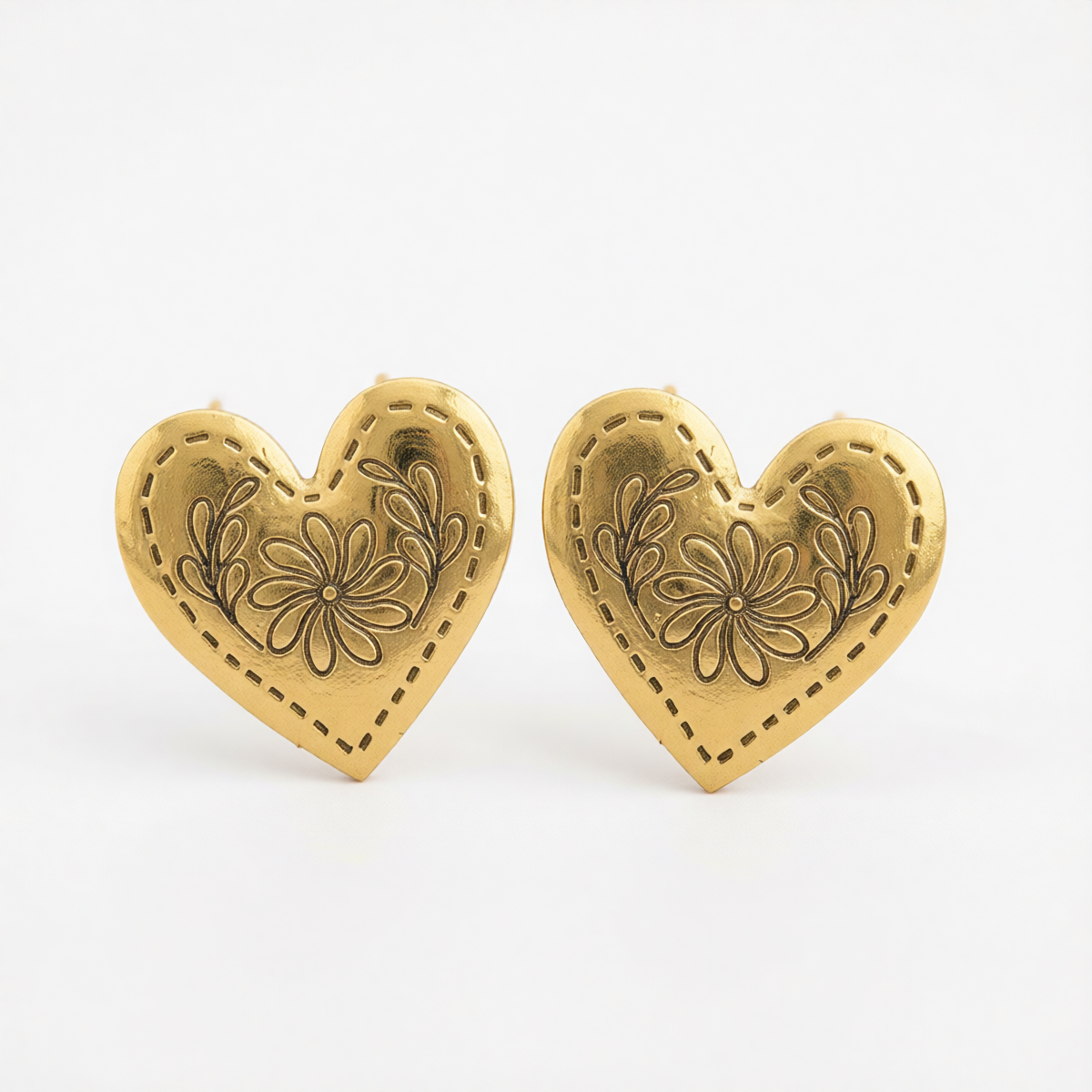Goldtone Flower Heart Stud Earrings