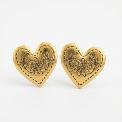 Goldtone Flower Heart Stud Earrings