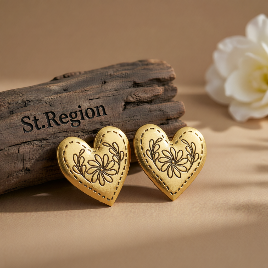Goldtone Flower Heart Stud Earrings