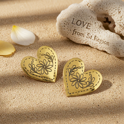 Goldtone Flower Heart Stud Earrings