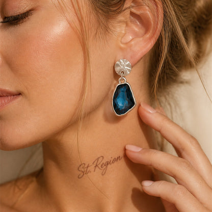Teal Crystal & Silvertone Irregular Dangle Earring