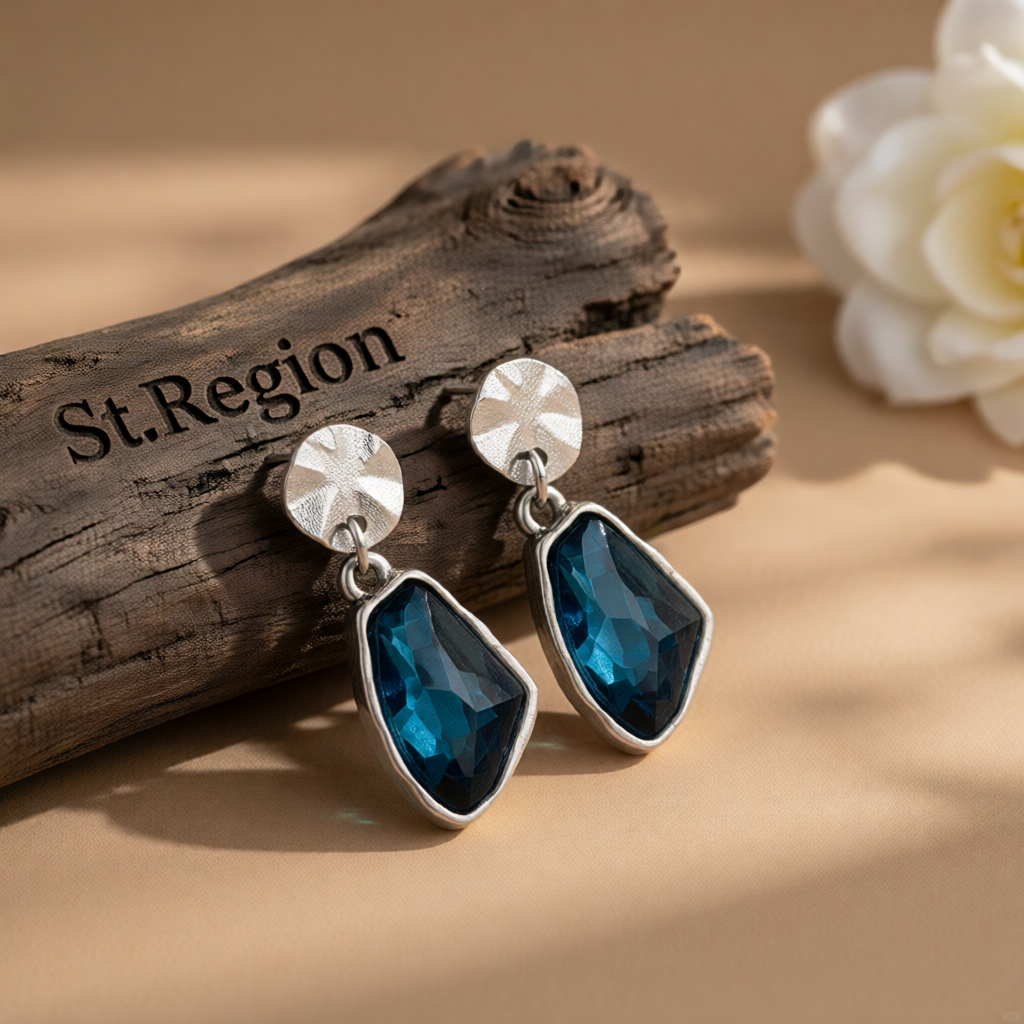 Teal Crystal & Silvertone Irregular Dangle Earring