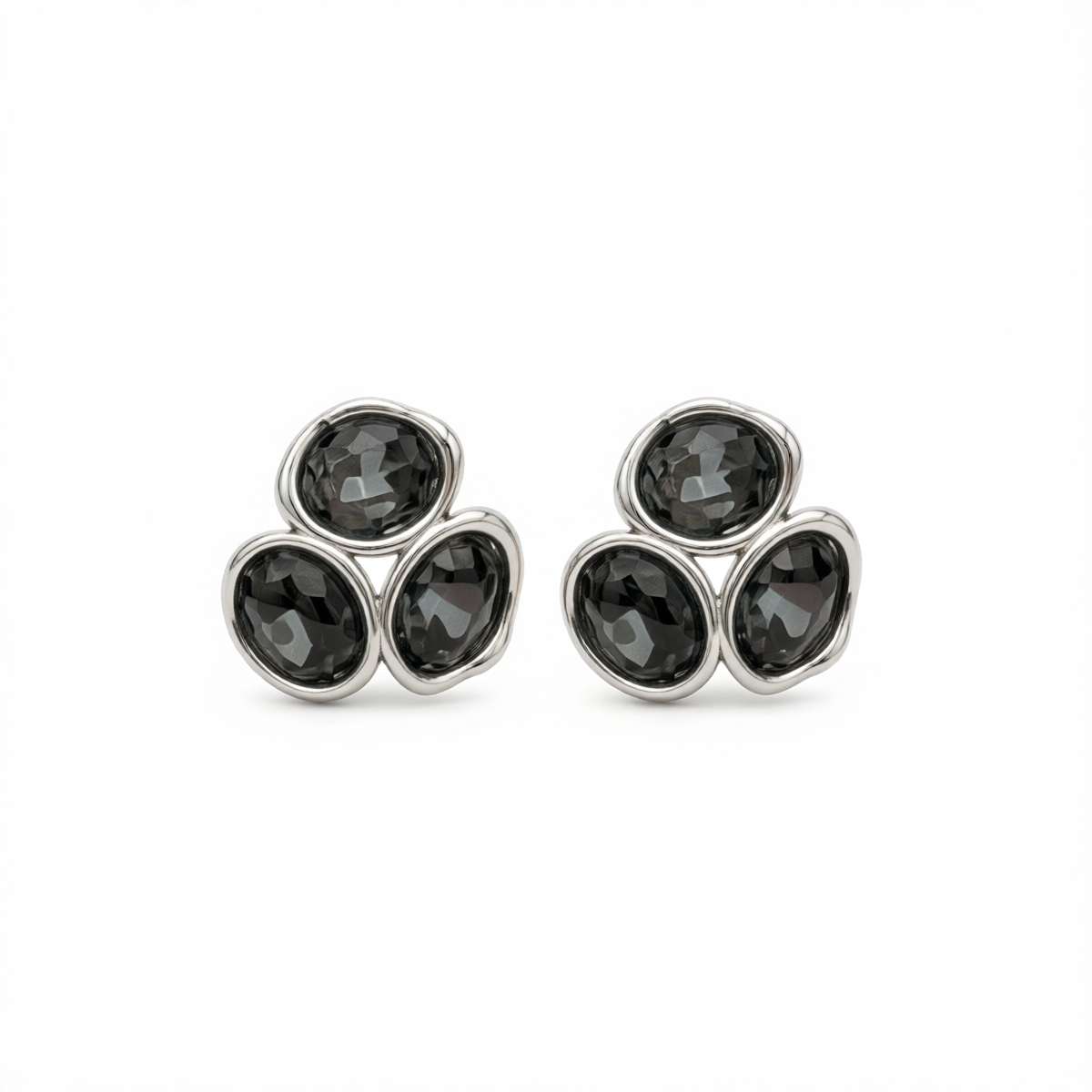 Black Tri-Crystal & Silvertone Geometric Stud Earring