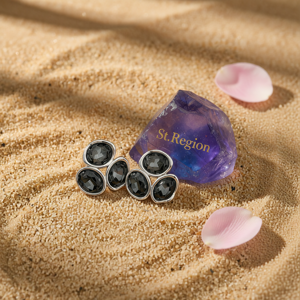 Black Tri-Crystal & Silvertone Geometric Stud Earring