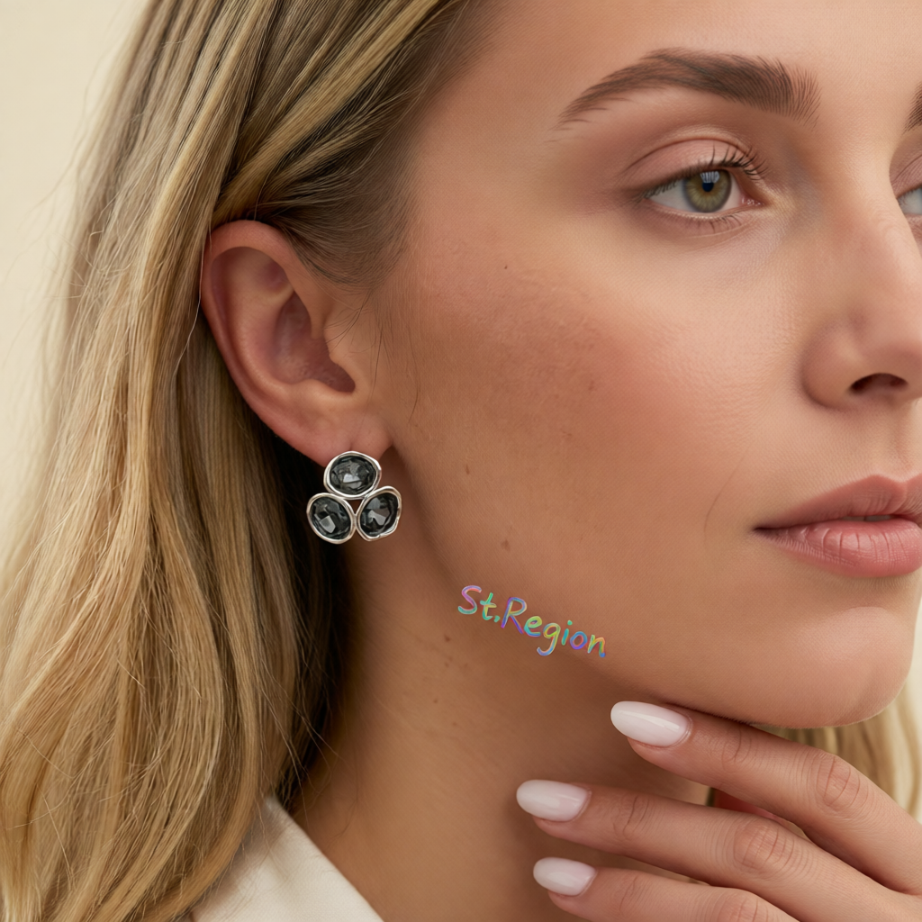 Black Tri-Crystal & Silvertone Geometric Stud Earring