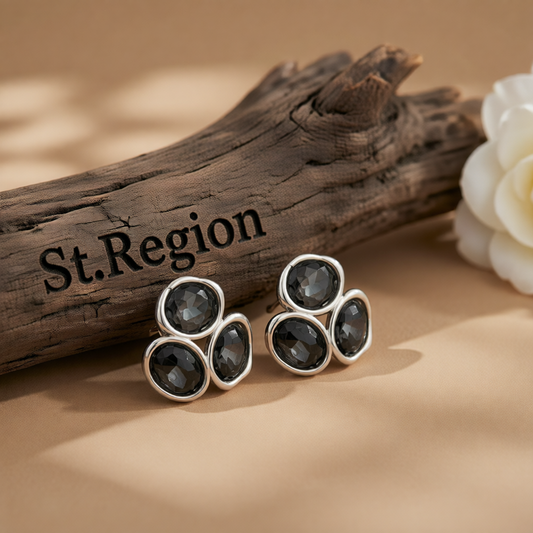 Black Tri-Crystal & Silvertone Geometric Stud Earring