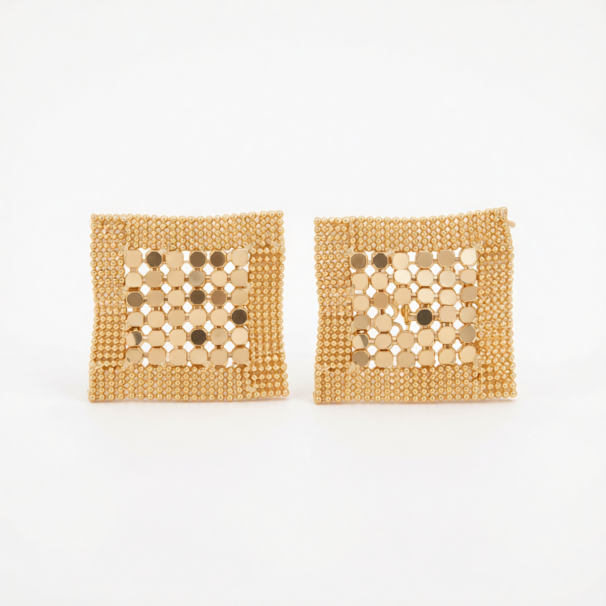 Goldtone Netted Sequins Rhombus Stud Earrings
