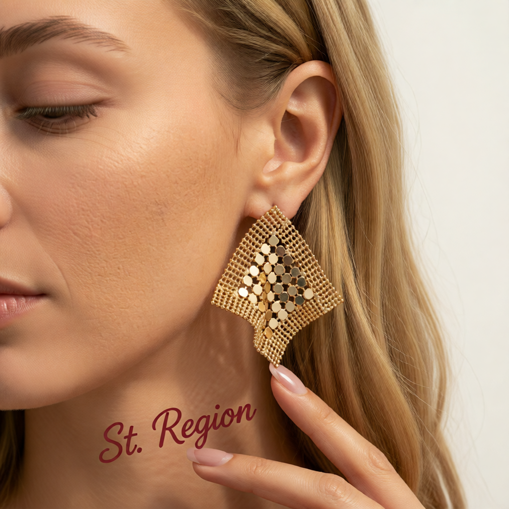 Goldtone Netted Sequins Rhombus Stud Earrings