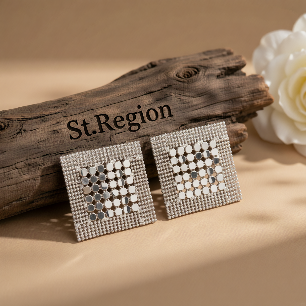 Silvertone Netted Sequins Rhombus Stud Earrings