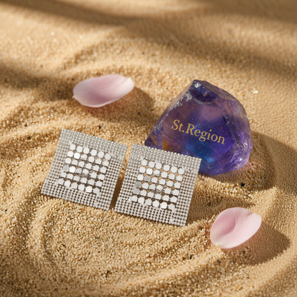 Silvertone Netted Sequins Rhombus Stud Earrings