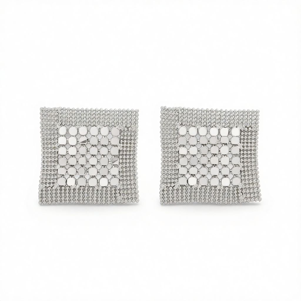 Silvertone Netted Sequins Rhombus Stud Earrings