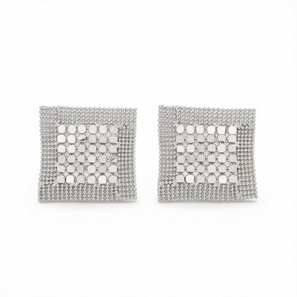 Silvertone Netted Sequins Rhombus Stud Earrings