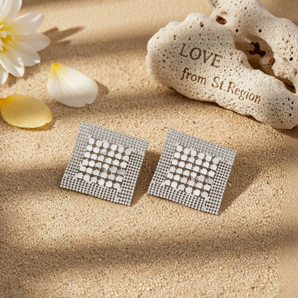 Silvertone Netted Sequins Rhombus Stud Earrings
