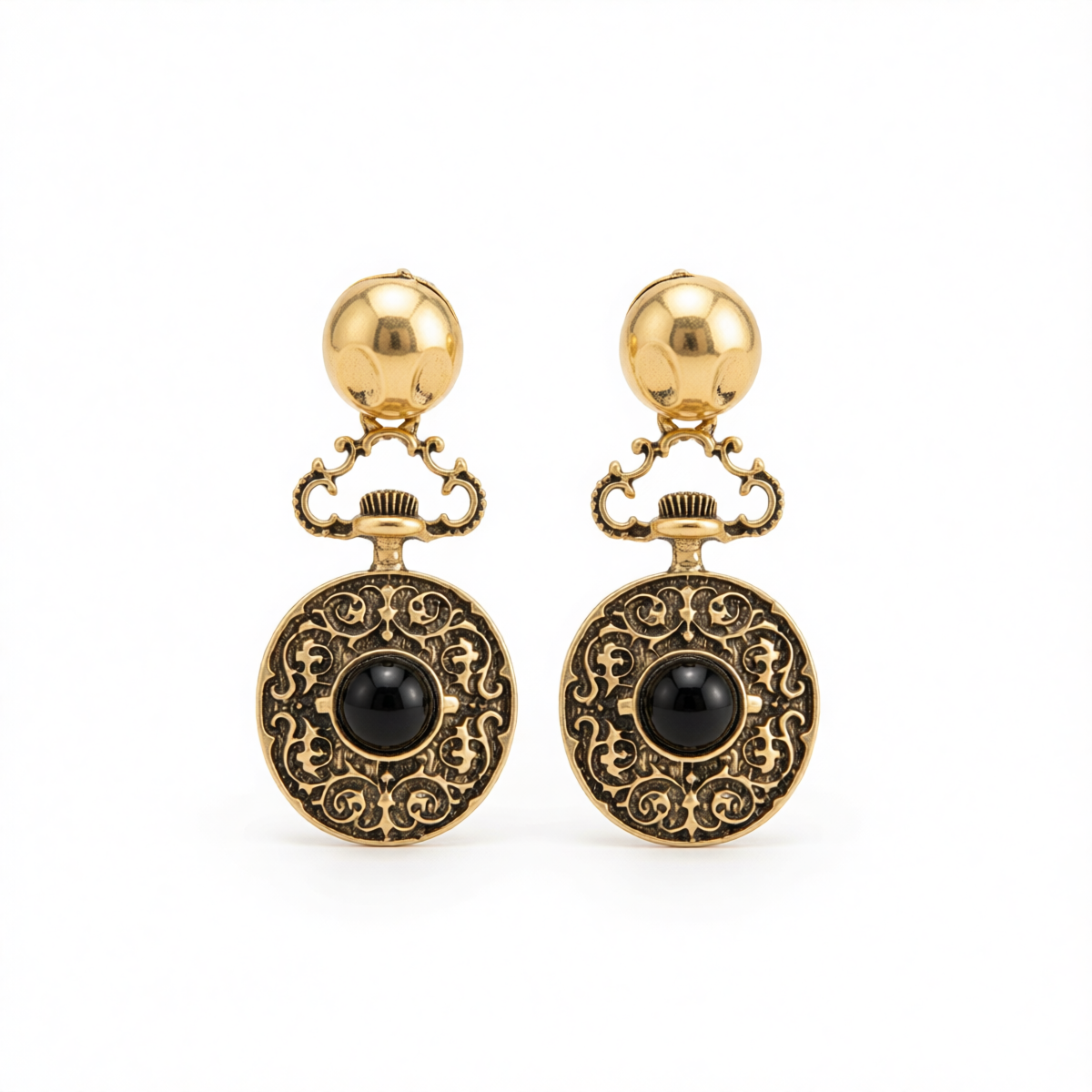 Black Resin & Goldtone Floral Oval Dangle Earrings