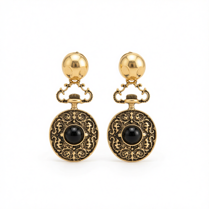 Black Resin & Goldtone Floral Oval Dangle Earrings