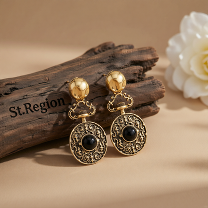 Black Resin & Goldtone Floral Oval Dangle Earrings
