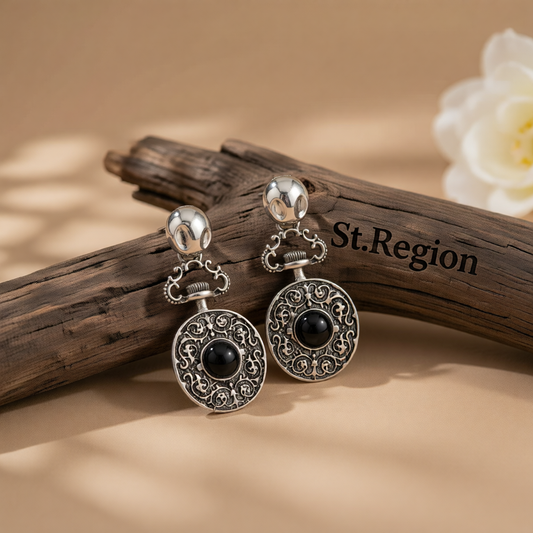 Black Resin & Silvertone Floral Oval Dangle Earrings