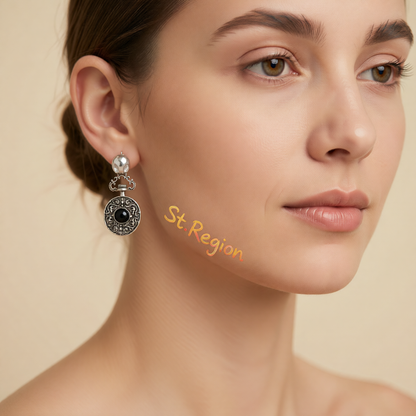 Black Resin & Silvertone Floral Oval Dangle Earrings