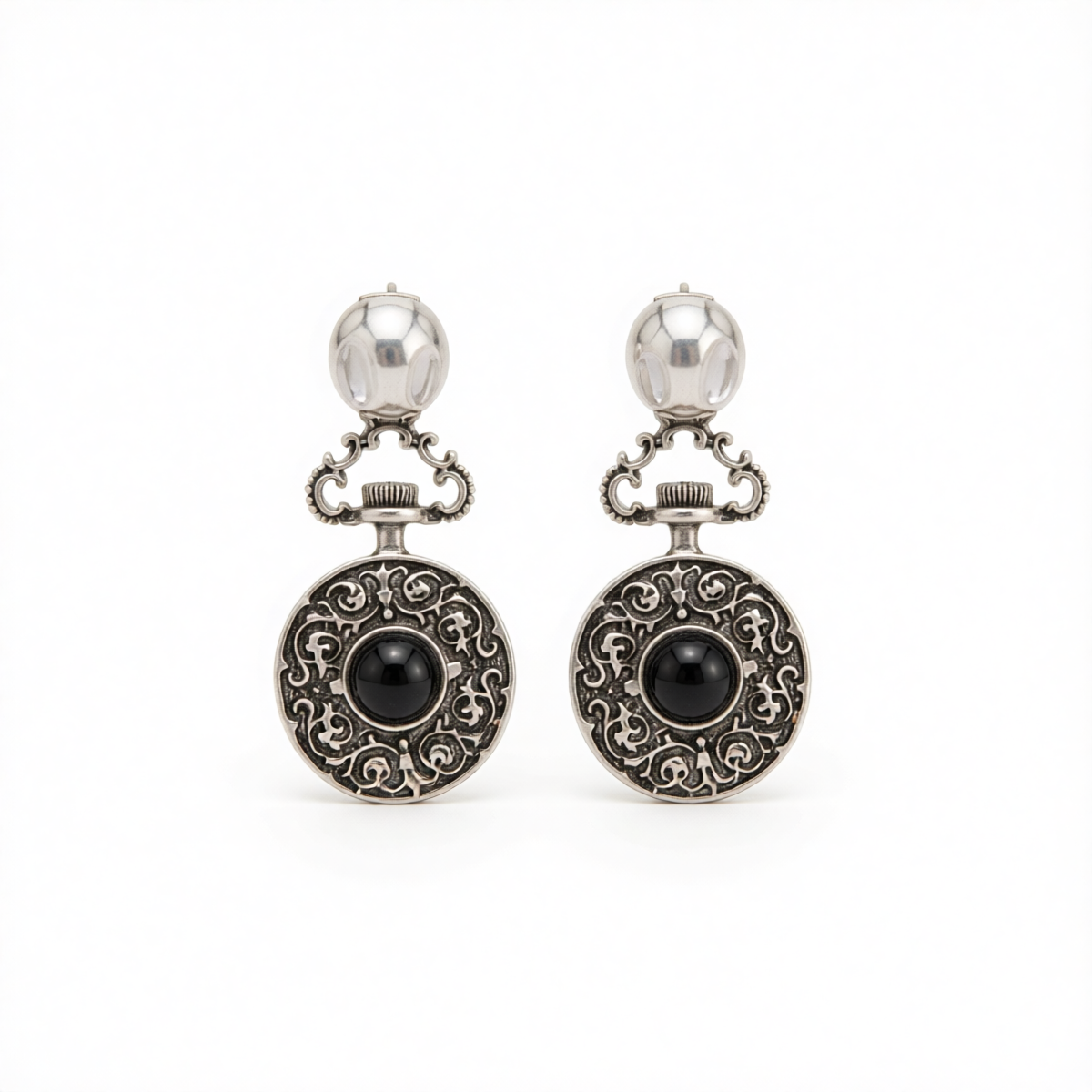 Black Resin & Silvertone Floral Oval Dangle Earrings