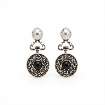 Black Resin & Silvertone Floral Oval Dangle Earrings