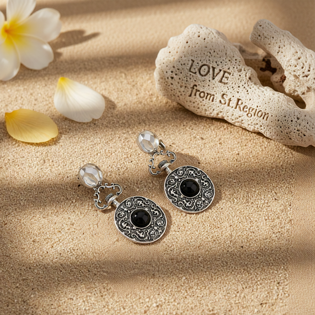 Black Resin & Silvertone Floral Oval Dangle Earrings