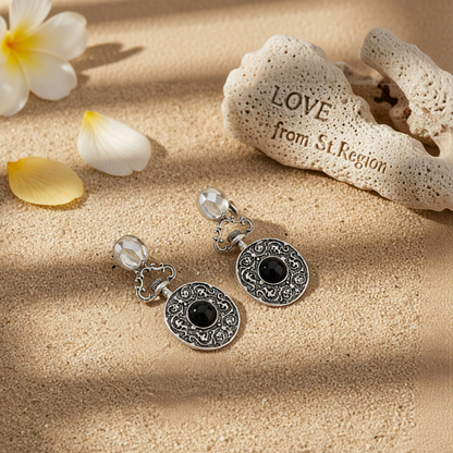 Black Resin & Silvertone Floral Oval Dangle Earrings