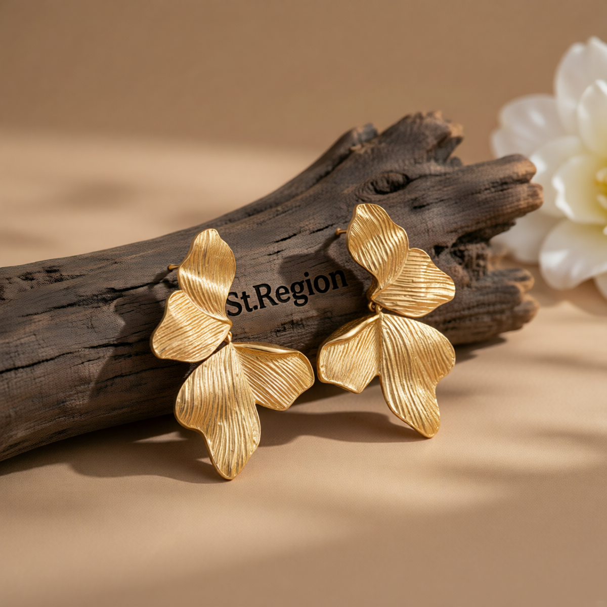 Goldtone Textured Four-Petals Dangle Earrings