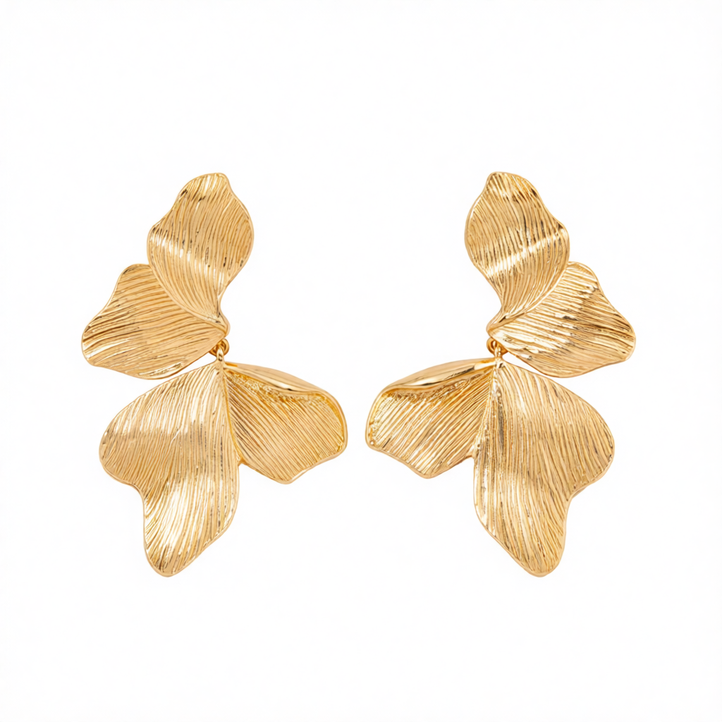 Goldtone Textured Four-Petals Dangle Earrings