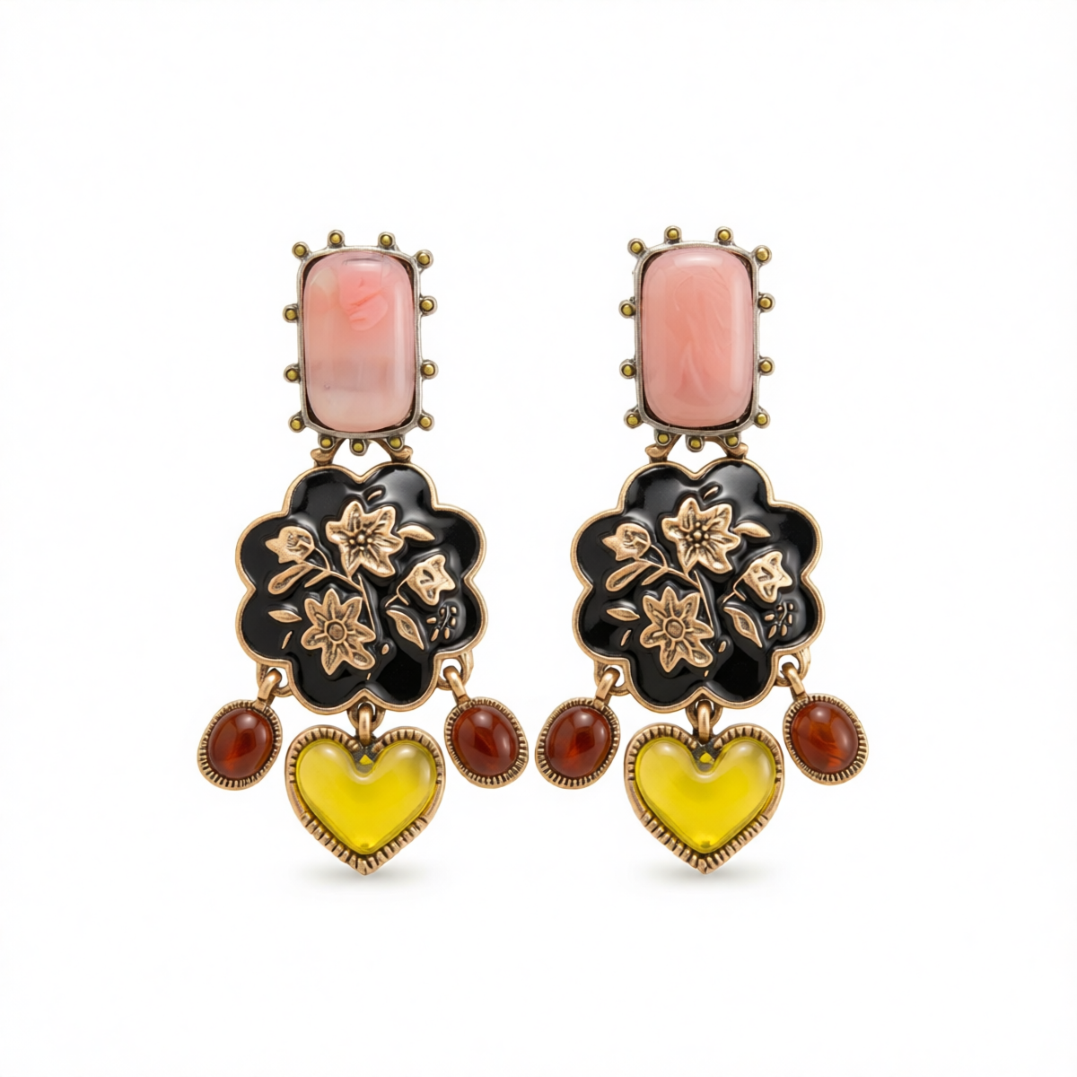 Resin & Black Enamel Goldtone Flower Tassel Dangle Earrings