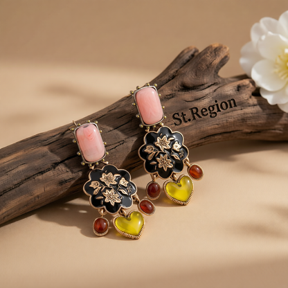 Resin & Black Enamel Goldtone Flower Tassel Dangle Earrings