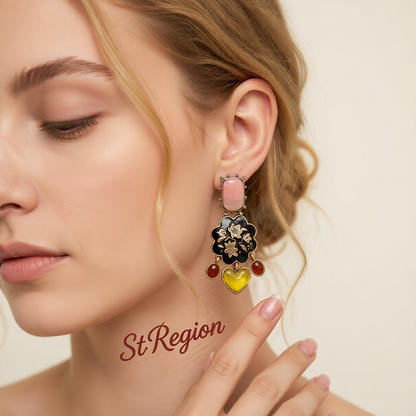 Resin & Black Enamel Goldtone Flower Tassel Dangle Earrings