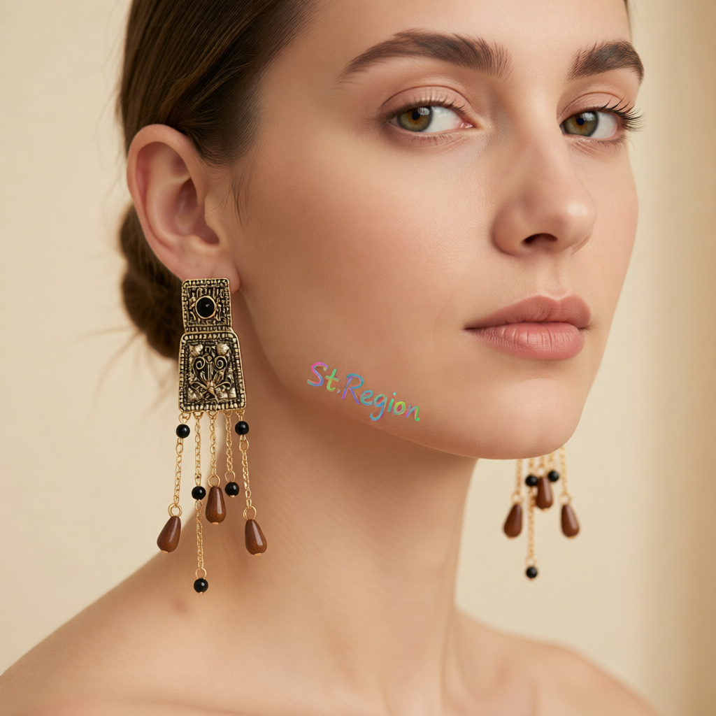 Red Resin & Goldtone Trapezoid Tassel Dangle Earrings