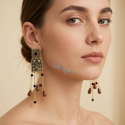 Red Resin & Goldtone Trapezoid Tassel Dangle Earrings