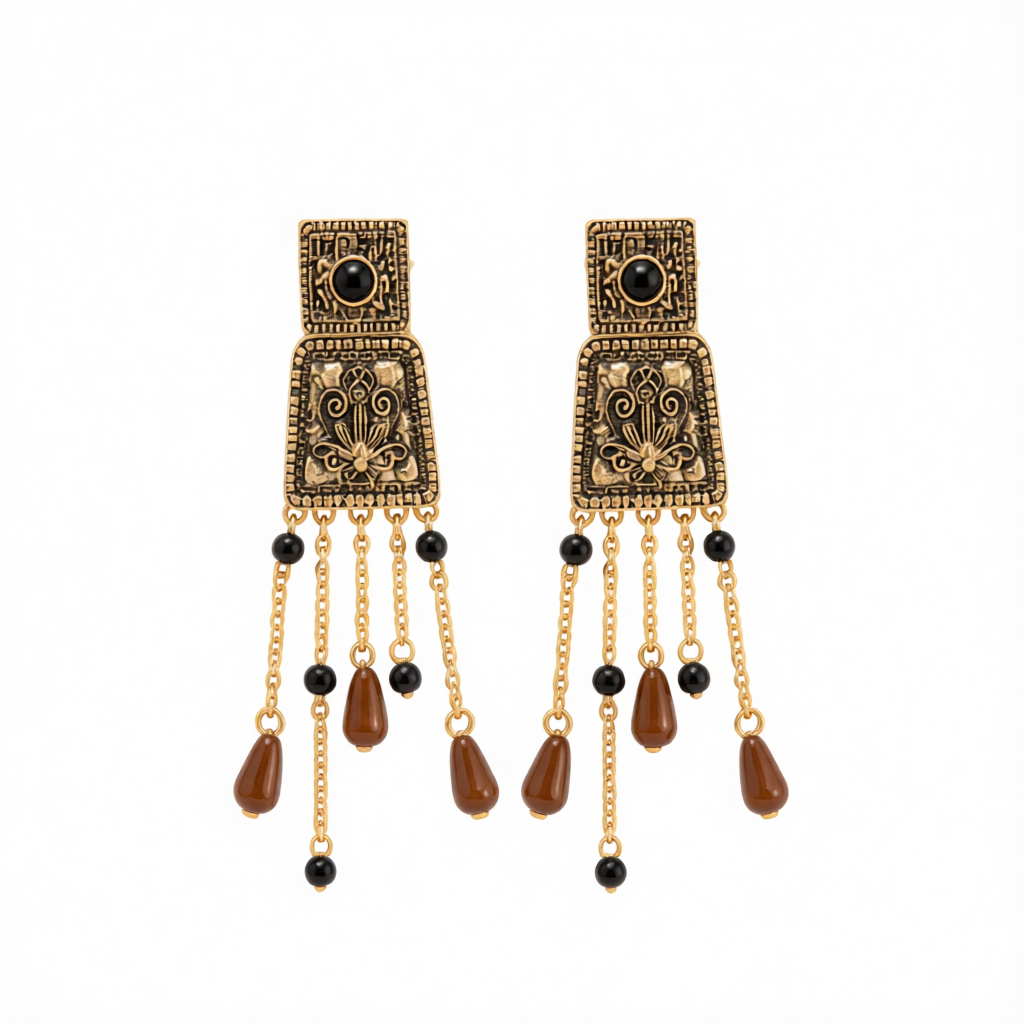 Red Resin & Goldtone Trapezoid Tassel Dangle Earrings