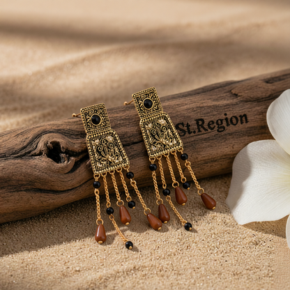 Red Resin & Goldtone Trapezoid Tassel Dangle Earrings