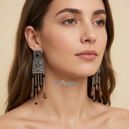 Red Resin & Silvertone Trapezoid Tassel Dangle Earrings