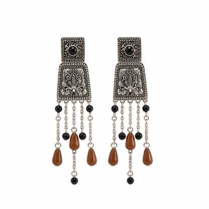 Red Resin & Silvertone Trapezoid Tassel Dangle Earrings