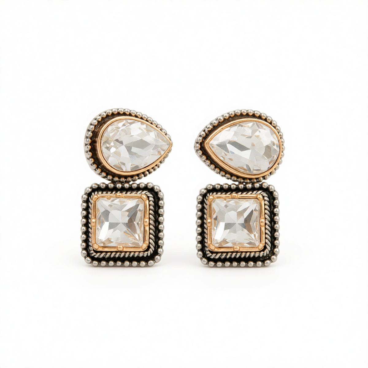 Clear Crystal & Two-Tone Drop Square Dangle Earrings